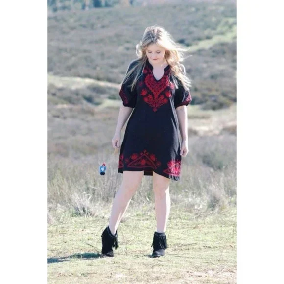 230. Johnny Was JW Los Angeles Embroidered Dress Black Small